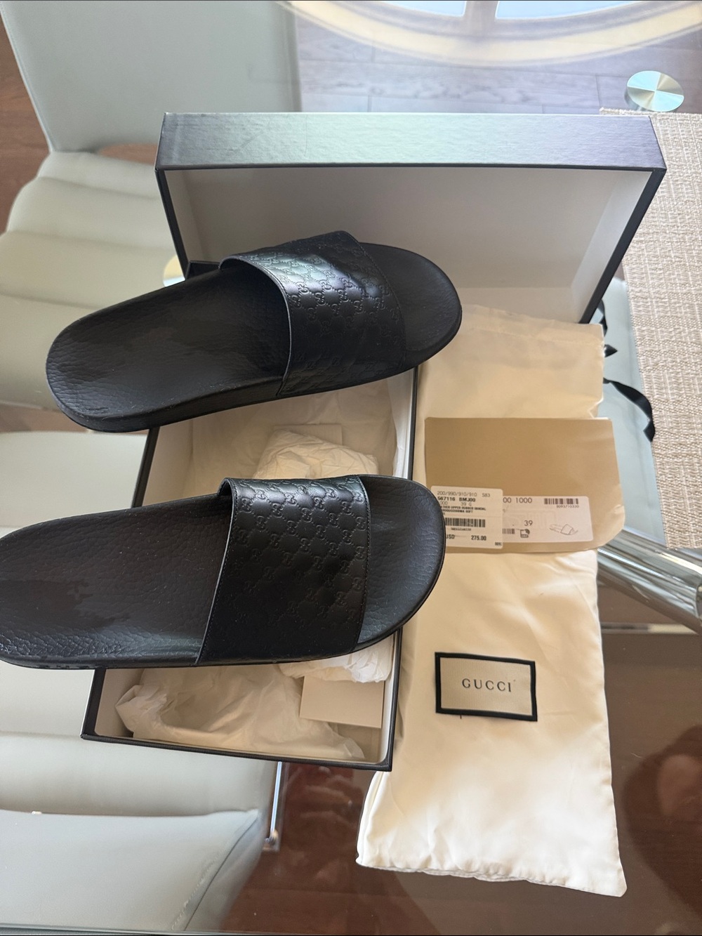 Gucci Men’s Black Embossed GG Leather Slide Sandals